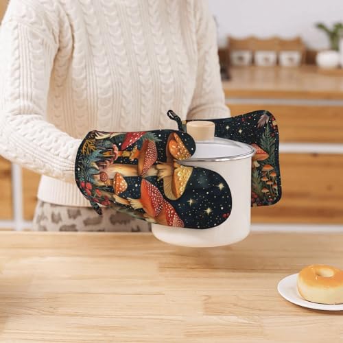 Oven Mitts and Pot Holders Mushroom Forest Vintage Silicone Kitchen Accessories Set of 4 Heat Resistant Long Gloves Potholder Non (A0632111)