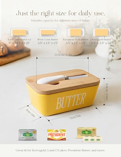 Ceramic Butter Dish with Lid and Knife Silicone Seal for Countertop Yellow (Yellow)