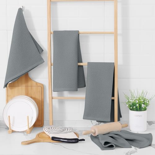 100% Cotton Waffle Weave Kitchen Dish Towels 6 (Grey / 13 X 28 - 6 Pack)
