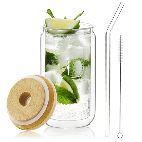 Double Wall Drinking Glass Cups with Bamboo Lids & Straws (11.8 Ounces)