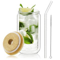 Double Wall Drinking Glass Cups with Bamboo Lids & Straws (11.8 Ounces)