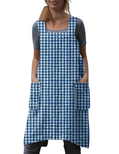 Women's Plaid Cross Back Apron with Large Pockets Home Kitchen (Large / Plaid6)