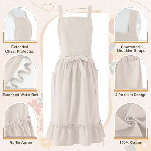 1 Pack 100% Cotton Aprons with Pockets Pinafore Dress for Women Vintage Cotton Apron for Christmas Kitchen Cooking Gifts (Beige / Vintage)
