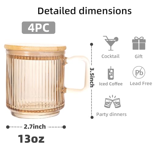 Ribbed Glass Coffee Mug with bamboo lids and handle (Colored)