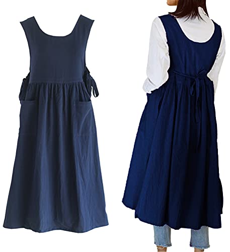 Women Plus Size Cotton Linen Vintage Pleated Split Apron Pinafore Dress with Two Pockets (Navy / 43.4"L)