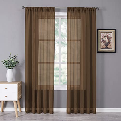 Sheer Curtains Bedroom Linen Textured Curtain Sheers Light Filtering Voile Rod Pocket Curtains for Living Room (38"W x 84"L (Pack of 2) / Brown)