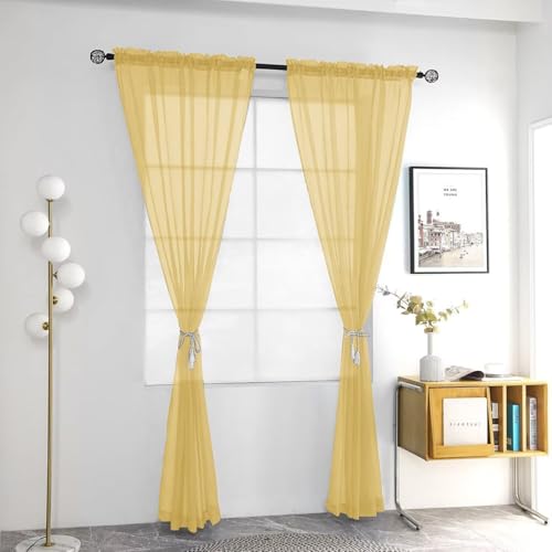 Solid Sheer Rod Pocket Curtain Voile Draperies 2 Panels White Beige Black Grey Ivory 52 Inch Width 108 Inch Long 1 Pair for Kitchen Bedroom Children Living Room Yard (Gold / 52"W x 108"L (Pack of 2))