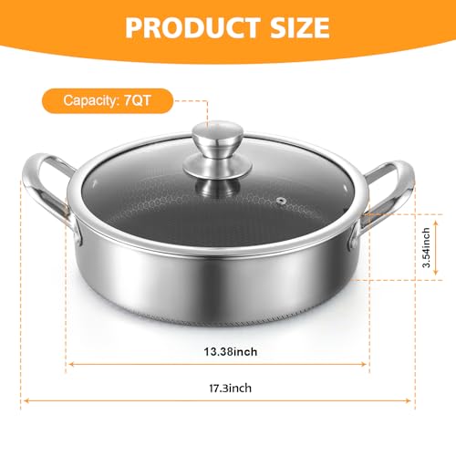 Stainless Steel 7QT Saute Pan 14 Inch Deep Frying Pan with Lid Nonstick (Stainless-steel / 14 Inch Sauté Pan)