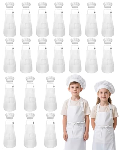 Kids Apron and Chef Hat Set with 2 Pockets White (20 Sets White)