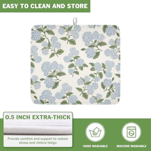Blue Hydrangea Floral Dish Drying Mat for Kitchen Counter Spring Summer Vintage Flower Microfiber Dish Drainer Mat Rustic Farmhouse Absorbent Washable Drying Pad 16"x18" (Spring Summer Hydrangea / 18" x 16")