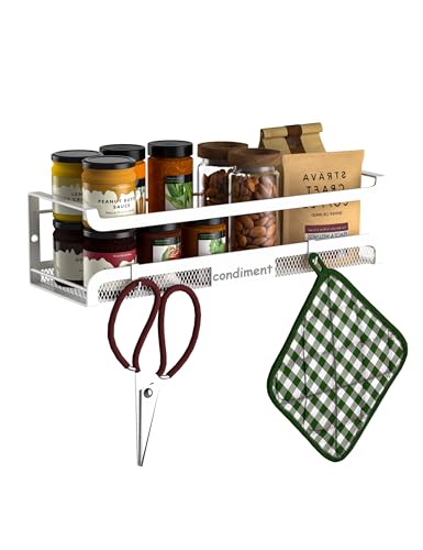 Spice Rack Wall Mount with Hooks (White / 1 Pack)