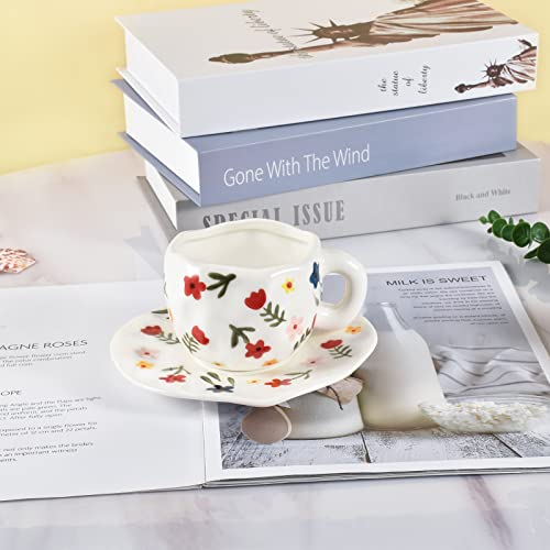 10oz Ceramic Mug With Saucer (White Floret)