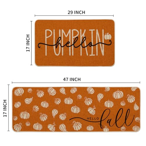 Orange Hello Pumpkin Fall Kitchen Mats Set of 2 (17" x 29" /17" x 47" / Orange)