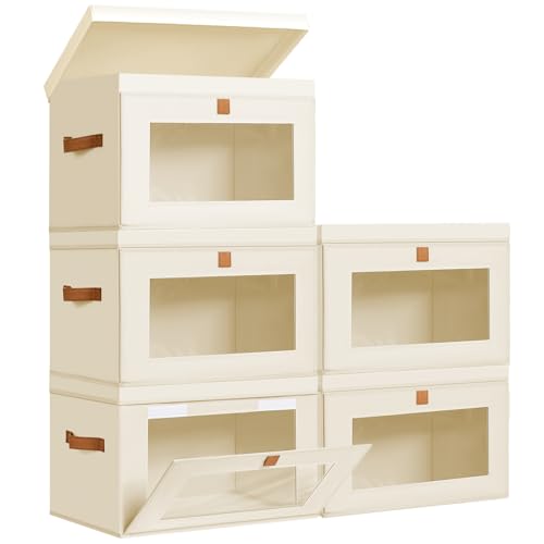 Storage Bins with Lids (Beige / Medium-5 Pack)