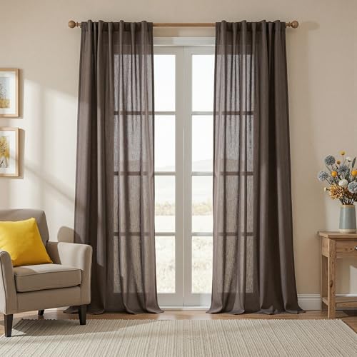 108 Inches Long Dark Brown Sheer Curtains for Living Room 2 Panel Sets Light Filtering Window Drapes for Sliding Door Back Tab Draperies Floor to Ceiling Curtains Soft (50"W x 108"L (Pack of 2) / Dark Brown)