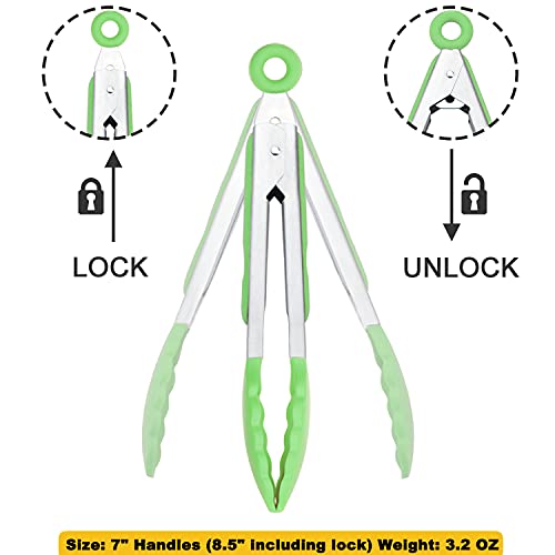 Mini Tongs with Silicone Tips 7" Cooking Tongs (7-Inch / Green)