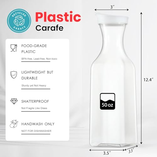 Plastic 8 PACK Large 50 Oz Water Carafe with Flip Top Lid (8 PACK)