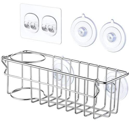 3-In-1 Sponge Holder for Kitchen Sink with Suction Cups & Adhesive Hook , In-sink Sponge Holder, Wall Hanging Sink Caddy Organizer Rack - Sponge, Dish Cloth, Brush, Scrubber - 304 Stainless Steel (3-in-1 / Silver)