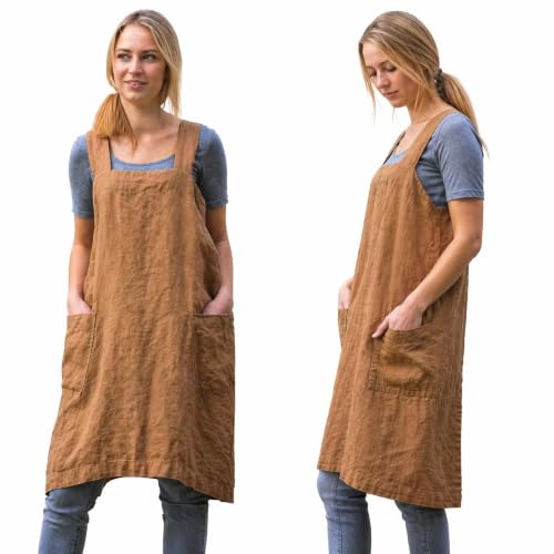Cross Back Linen Cotton Apron with Pockets (X-Large / Brown)