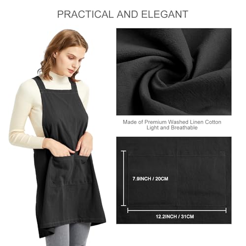 Aprons for Women with Pockets Plus Size Comfort Cross Back No Tie Cotton Linen Apron Pinafore (Black / Medium)