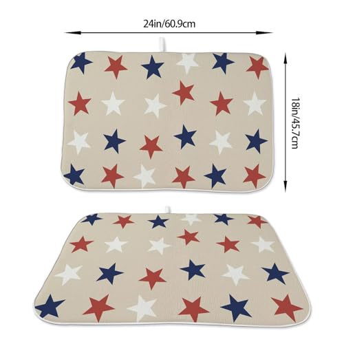 4th of July Dish Drying Mat 18 x 24 inch Independence Day Blue Red White Stars Patriotic Decorative Drying Mats Microfiber Absorbent Dish Washable Draining Mat for Kitchen Counter Decor (24" x 18" / Blue Red White Stars)