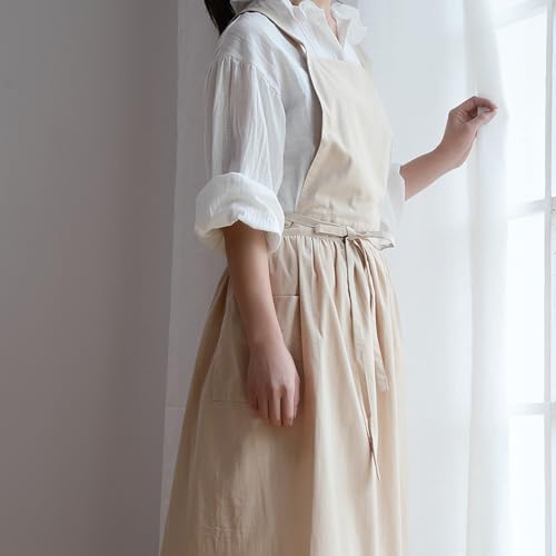 Womens Apron Cute Dress for Women Frill Cross Back Cotton Linen Japanese Apron With Pockets Maid Pinafore Apron Housewife Garden Cooking Baking Pottery Pinafore Apron Apricot Adult One Size (Apricot Adult / One Size)