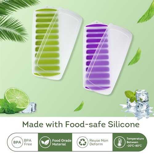 Silicone Ice Cube Tray with Lid Set of 2 (2PK with Covers (Green & Purple))