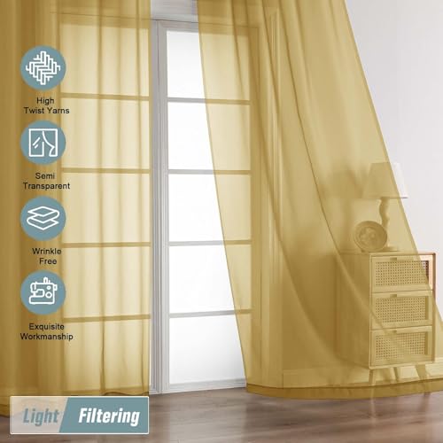 Gold Sheer Curtains 63 Inch Length 2 Panels (42"W x 63"L (Pack of 2) / Gold)