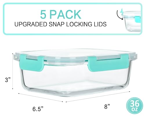 5 Pack 36 oz Glass Food Storage Containers with Lids (Green)