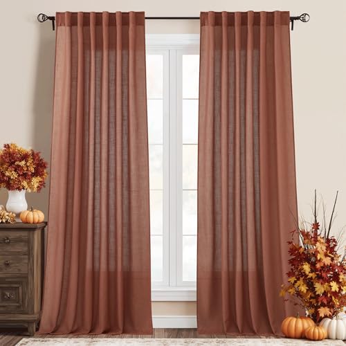 Linen Semi Sheer Curtains for Bedroom Living Room 95 inches Long (Terracotta / 52"W x 95"L (Pack of 2))