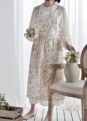 Japanese Cotton Linen Cross Back Work Apron for Women with Pockets Pinafore Dress Smock (03-beige)