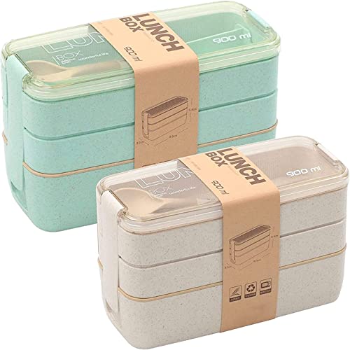 2 Pack Stackable Bento Box Japanese Lunch Box Kit with Spoon & Fork (Green/Beige / 2 pack)