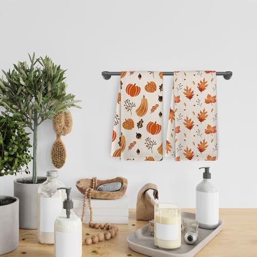 Fall Leaf Pumpkin Kitchen Towels and Dishcloths Set of 2 (Pumpkins and Leaves)