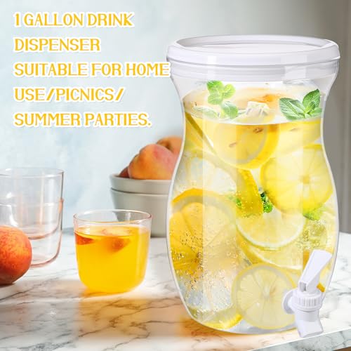 2 Pcs 1 Gallon Plastic Beverage Dispenser with Spigot Clear Summer Kitchen Fridge Drink Dispenser for Parties Lemonade Juice Tea Beer Cold Water (White / Gourd)