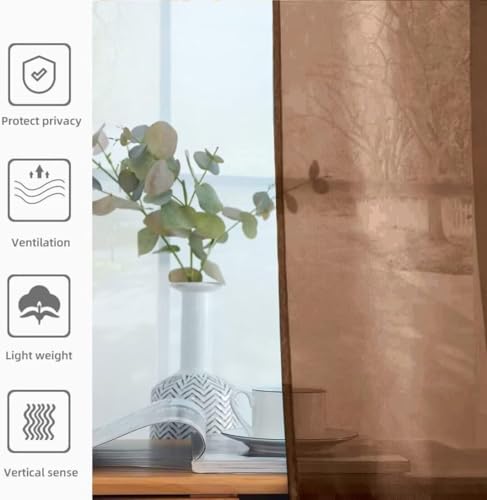 Solid Sheer Rod Pocket Curtain Voile Draperies 2 Panels White Beige Black Ivory Coffee 22 Inch Width 50 Inch Long 1 Pair for Kitchen Bedroom Children Living Room Yard (Brown / 22"W x 50"L (Pack of 2))