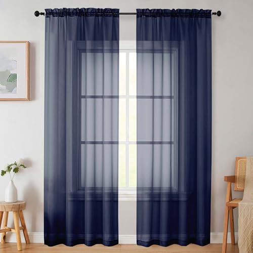 Sheer Navy Blue Curtains for Bedroom Living Room 90 Inches Long 2 Panels Set (Navy Blue / 42"W x 90"L (Pack of 2))
