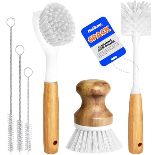6 Pack Dish Brush with Bottle Brush Scrub Brush Straw (White)