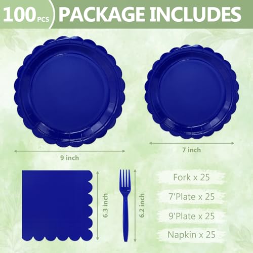 100 Royal Blue Paper Plates and Napkins Disposable for Party (Royal Blue 100 Plate Set / 7 & 9-inch Set)