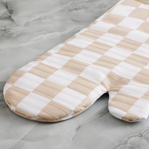 Beige Checkered Oven Mitts Heat Resistant (Beige)