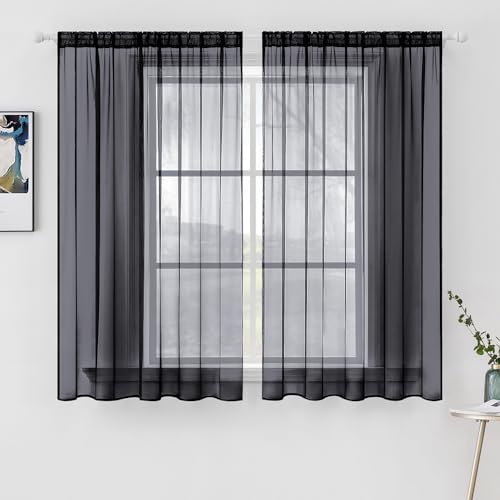 2 Panels Sheer Curtains for Living Room 54 X 45 Inches Black (Black / 54"W x 45"L (Pack of 2))