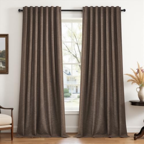 96 Inch Blackout Linen Curtains 2 Panel Set for Living Room Darkening Back Tab Thick Linened Textured 100% Black Out Drapes 96 Inches Long Light Blocking Kids Bedroom Dark Brown (Dark Brown / 52"W x 96"L (Pack of 2))