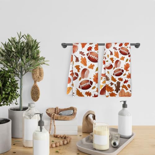 Fall Leaf Football Kitchen Towels and Dishcloths Set of 2 (Football and Leaves)