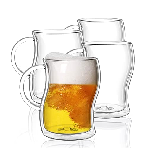 BTaT- Double-Walled Beer Mugs, 16 oz, 4 Pack, Double-Walled Glass with Handle, Insulated Beer Glasses, Drinking Glasses for Bar, Beverages, Alcohol, Water (Clear / 16 oz Beer, Set of 4)