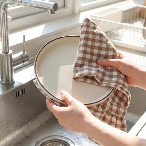 2 Pcs Taupe Gingham Kitchen Towels Cotton Ruffled (Taupe / Gingham)