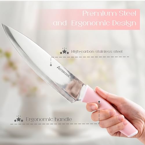 Knife Set Kitchen Knives Set with Block and Sharpener 15 Pcs German Stainless Steel Sharp Blade Dishwasher Safe with Ergonomic Handle (Crystal Pink)