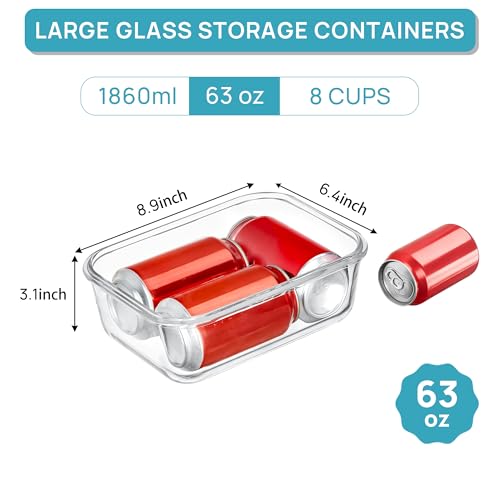 1Pack 1860ml 63oz Large Glass Storage Container with Lids (Grey / 1pk63oz)