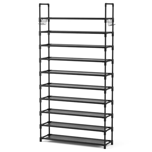 10 Tier Shoe Rack Tall Large Capacity Wide Shoe Organizer with Two Hooks Sturdy Metal Shoe Shelf for Entryway (Black / 32.3" Wide - 10 Tier)