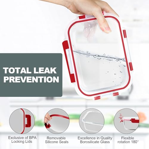 10 PACK 22 OZ Glass Meal Prep Containers Set with Lids (Red)