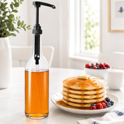3-Pack 25oz/750ml Round Glass Coffee Syrup Dispenser with Black Pump (Clear / 25oz/750ml Round)