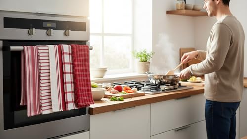 Assorted Flat Kitchen Towels (Red / 18 x 28 - 10 Pack)